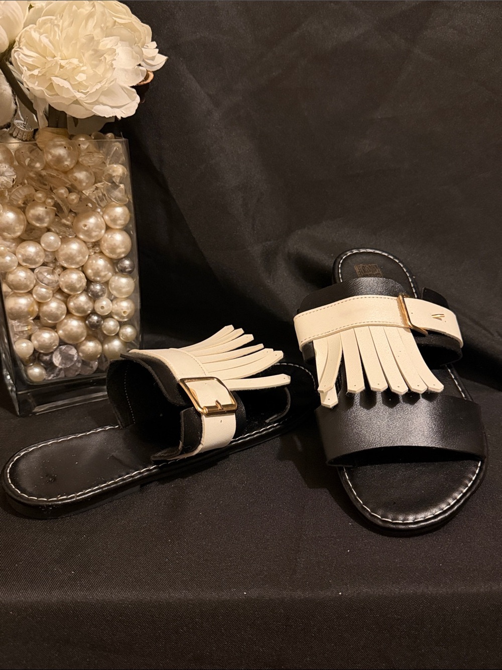 Black and Cream Fringe Slide Sandals - Women's Casual Slides